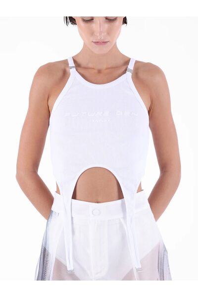 KNTLGY Kadın Beyaz Halter Yaka Kolsuz Fitilli T-Shirt