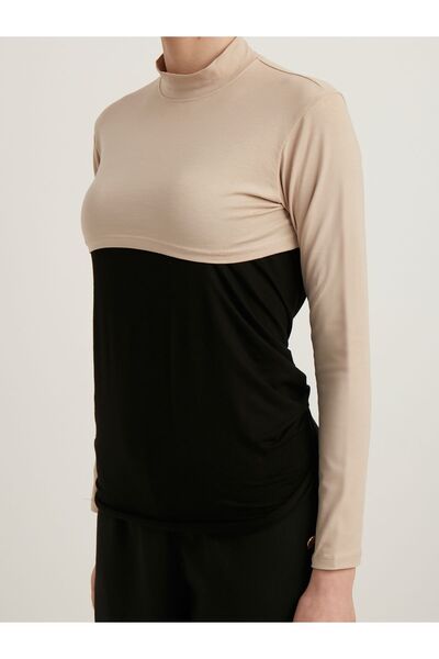 Schaless Beige Turtleneck Long Sleeve Cotton Bodysuit