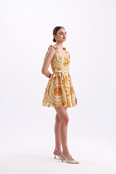 Tangül&Ali'S Moda Evi Sarı Desenli Keten Mini Elbise