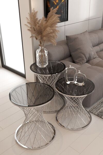 Nies Aksesuar Hasır 3'lü Zigon Sehpa Gümüş Kaplama Füme Cam