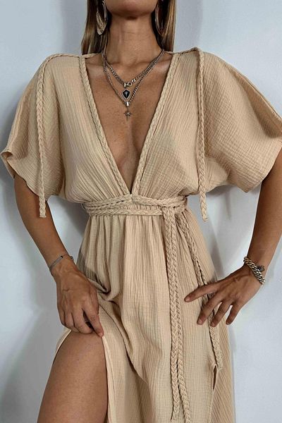bymaestro woman Γυναικείο μάξι φόρεμα από ύφασμα μουσελίνας με λεπτομέρεια πλεξίματος μπροστά και πίσω