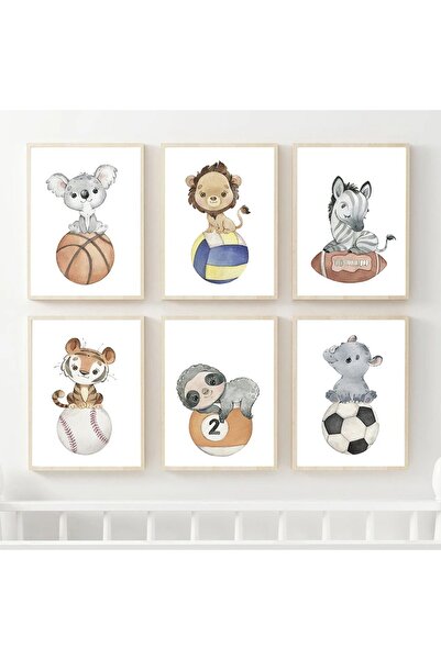 TABLOX Set de 6 tablouri cu aspect de cadru cu design special, animale sportive pentru bebeluși, din MDF - Decor pentru cameră pentru bebeluși și copii