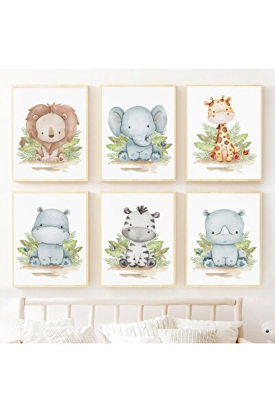 TABLOX Cute Tiny Animals 6-Piece Frame Look Modern Mdf Painting Set – Baby and Kids Room Decor