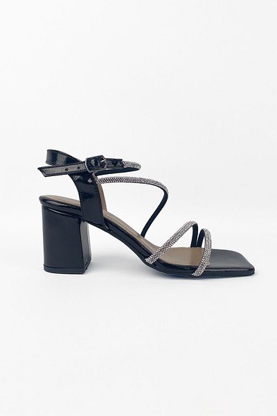 RABU Silver Stoned Black Thick Heeled Blunt Toe Women's Evening Dress Shoes