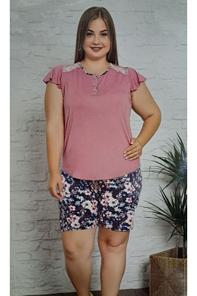 BAHHAR FASHION Women's Dried Rose Plus Size Short Sleeve - Viscose Pajama Set with Shorts