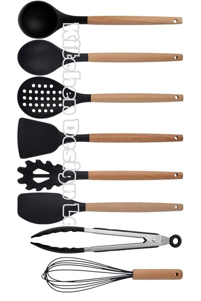 Kitchen Design Lab Siyah Bambu Silikon Servis Seti Kepçe, Kaşık, Kevgir, Maka...