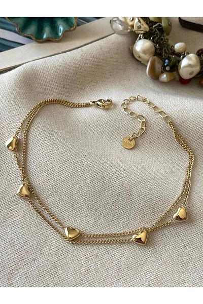 SU PERİSİ TAKI BİJUTERİ Steel Gold 2 Row Heart Anklet