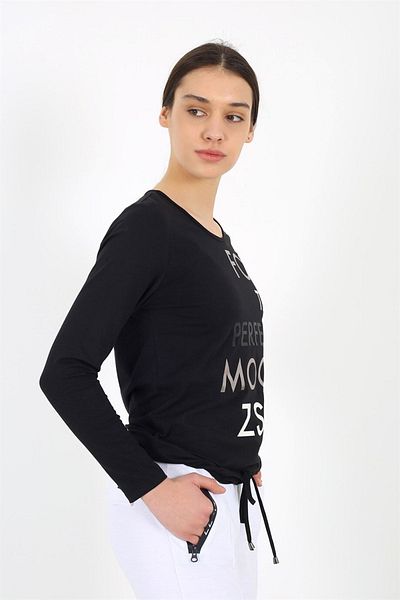 Banadamoda Μαύρη βασική μπλούζα με μακρυμάνικο γιακά ποδηλάτου με λεπτομέρεια κορδόνι