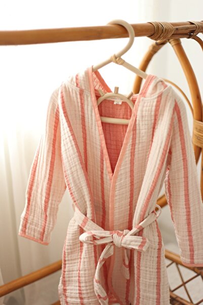 Mujo Baby&Kids Çizgili Multi Müslin Bornoz – Somon