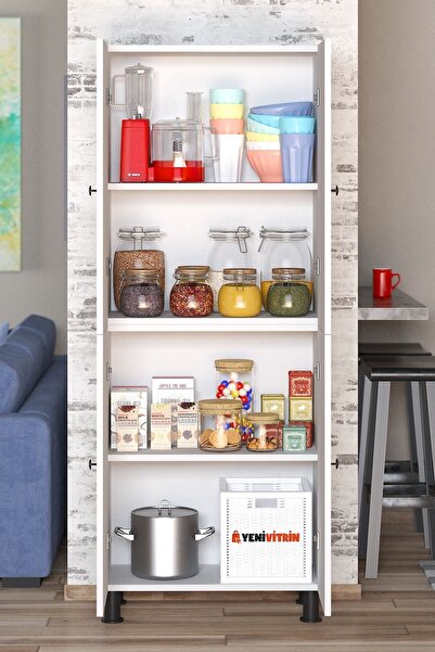 Yeni Vitrin %100 Mdf Beyaz 4 Kapaklı 4 Raflı Çok Amaçlı Banyo/Kiler/Balkon Dolabı 60 cm En