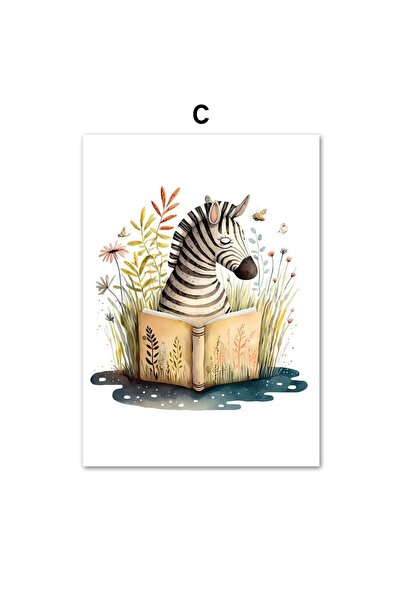 TABLOX Sevimli Kitap Okuyan Hayvanlar  6’lı Çerçeve Görünümlü Modern MDF Tablo Seti –Bebek ve Çocuk Odası D