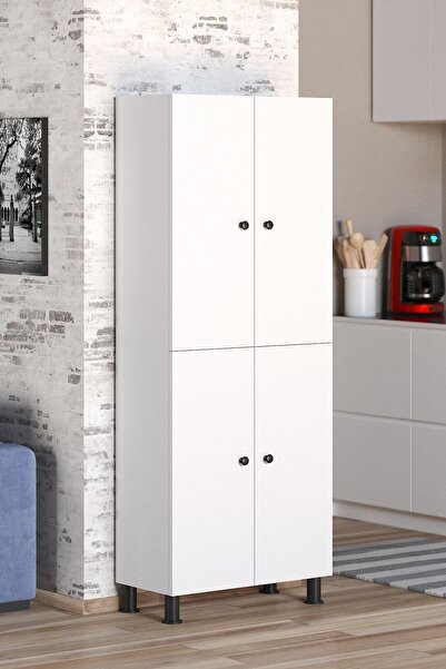 Yeni Vitrin %100 Mdf Beyaz 4 Kapaklı 4 Raflı Çok Amaçlı Banyo/Kiler/Balkon Dolabı 60 cm En