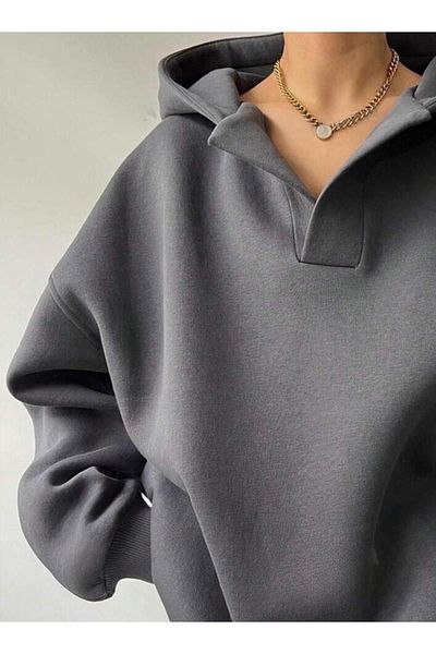 CAST COLLECTİON Anthracite Hooded Low-cut Women's Sweatshirt
