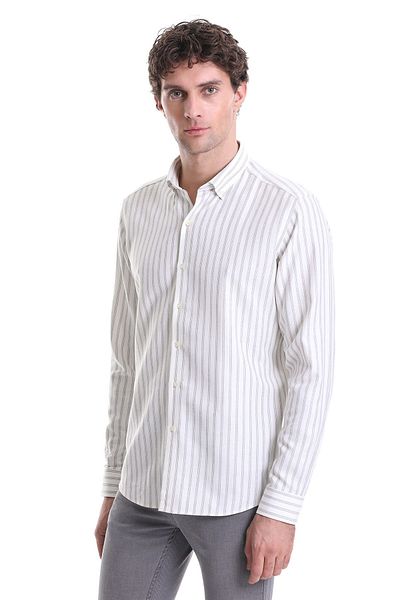 Hatemoğlu Gray Slim Fit Striped Stand Collar Cotton Long Sleeve Casual Shirt 23D 190000104 _108