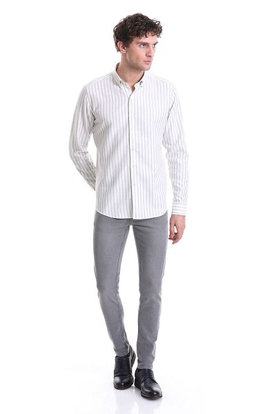 Hatemoğlu Gray Slim Fit Striped Stand Collar Cotton Long Sleeve Casual Shirt 23D 190000104 _108