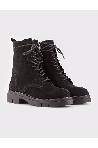 Cabani Γυναικείες μπότες από γνήσιο δέρμα σουέντ μαύρες με κορδόνια
