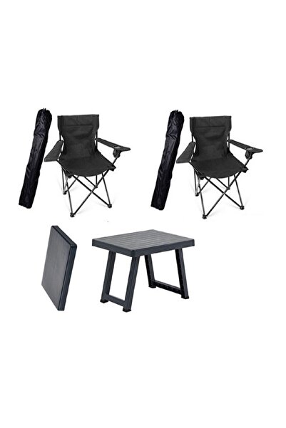 FOUR SEASON 2 Adet Katlanır Siyah Kamp Sandalyesi + 1 Adet Katlanır Plastik A...