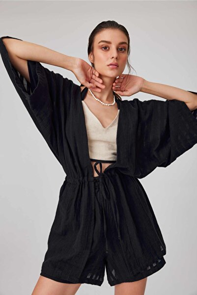 Belden Sıkmalı Çizgili Müslin Kimono