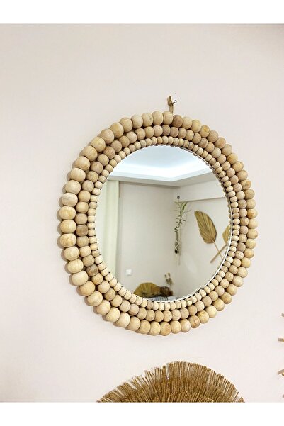 Boncukafası Ahşap Boncuklu Ayna 40 Cm , Yuvarlak Ayna, Antre Ayna, Konsol Ayna