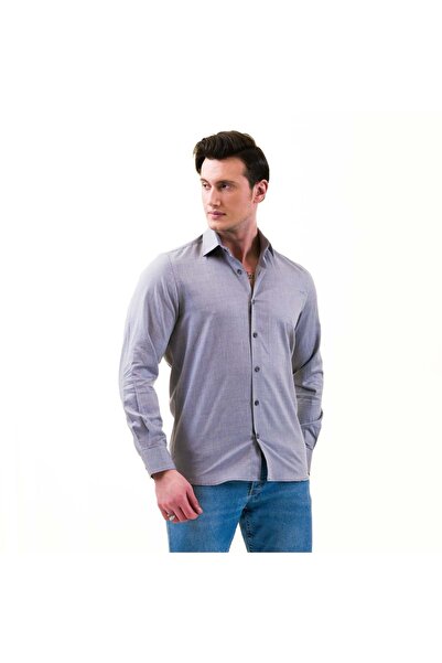 Exve Exclusive Gray Blue Transitional Cotton Oxford Style Slim Fit Long Sleeve Men's Shirt