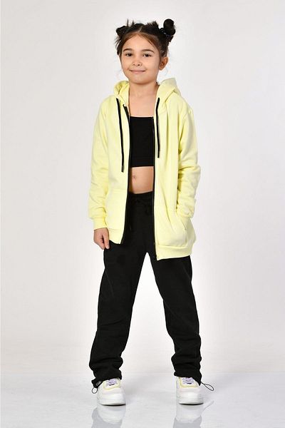 Noori Pocketed, Hooded, Zippered Girl's Sweatshirt - Lemon Yellow
