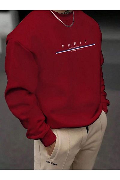 CAST COLLECTİON Men's Red Crew NecK Paris Printed Sweatshirt