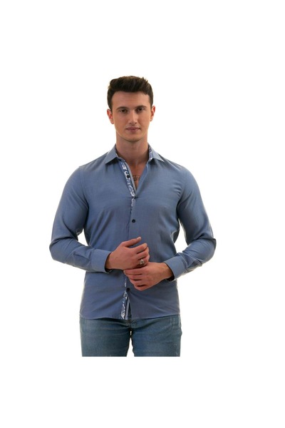 Exve Exclusive Синя сорочка з оксфордським коміром і манжетами з шарфом, детально оздоблена, облягаючого крою