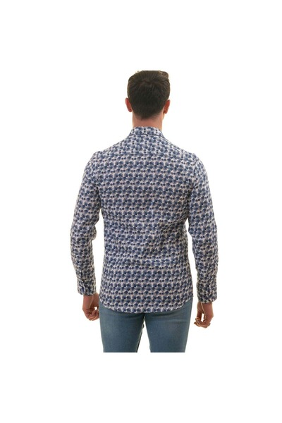 Exve Exclusive Синьо-біла сорочка з довгими рукавами та картонною коробкою з принтом у вигляді білих листя