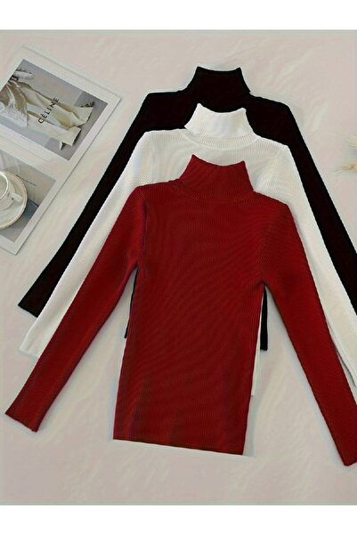 Beybun boutique Set de 3 pulovere din bumbac jacquard cu gât roșu pentru femei - negru, alb și roșu
