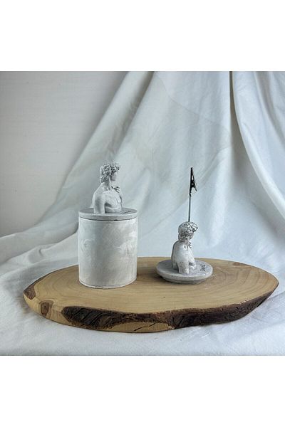 Melouro Gray Antique David Sculpture Note Holder with Lid and David Base Set of 2