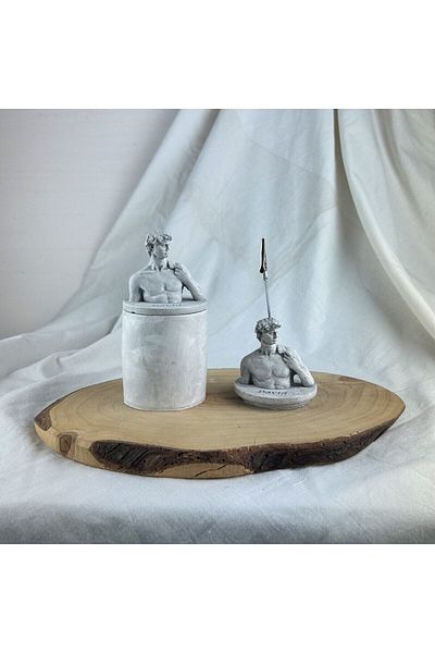 Melouro Gray Antique David Sculpture Note Holder with Lid and David Base Set of 2