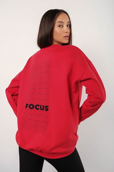 MODAGEN Women's Red Focus Back Printed Crew Neck Oversize Sweatshirt
