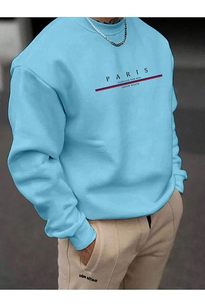 CAST COLLECTİON Ανδρικό φούτερ με στάμπα Paris Baby Blue Crew Neck