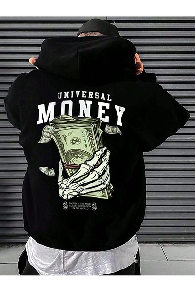 Black Sokak Men's Black Oversize Hooded Sweatshirt - Money Printed