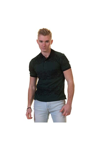 Exve Exclusive Σμαραγδένιο πράσινο μαύρο λουλούδι με μοτίβο πόλο κοντό μπλουζάκι