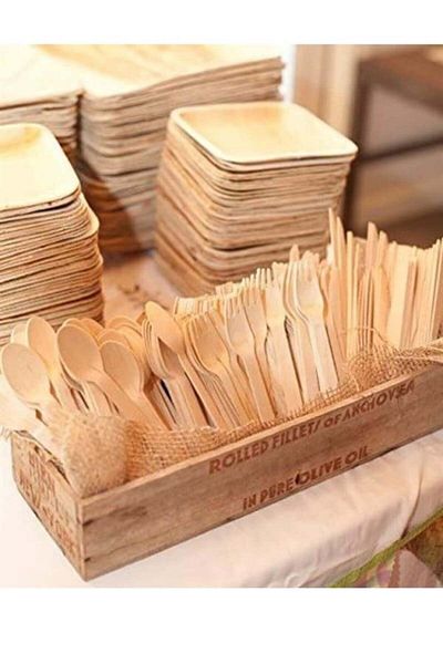Partifabrik Disposable Wooden Wooden Spoon Fork Knife Set 24 Pieces (8 Fork 8 Spoons 8 Knives)