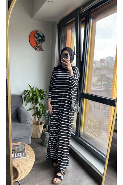 MODAMÜNASİP Φορέστε το υπέροχο μας χτενισμένο βαμβακερό ριγέ φόρεμα που δεν αναγνωρίζει τη γραμμή της μέσης