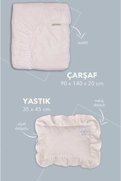 Lilalinda Çarşaf & Yastık Mavi Nakışlı Set %100 Pamuk 2 Kat Müslin