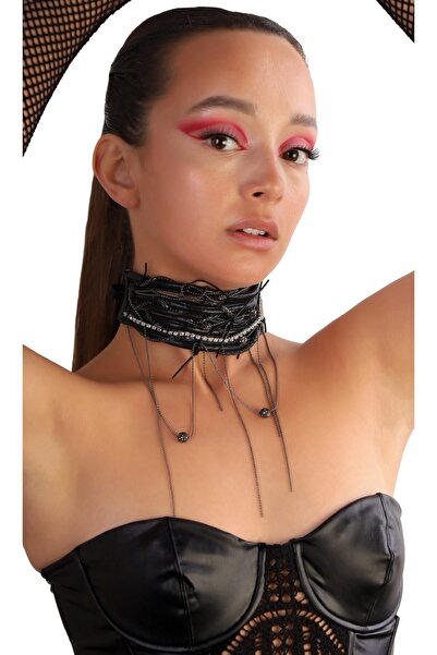 Bayemeyc Markazitli Deri Choker Kolye