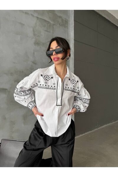 TMD AKSESUAR Black Embroidered White Shirt
