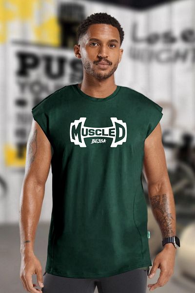 BESSA Men's Oversize Crew Neck Petrol Printed Sleeveless Cotton Tank Top