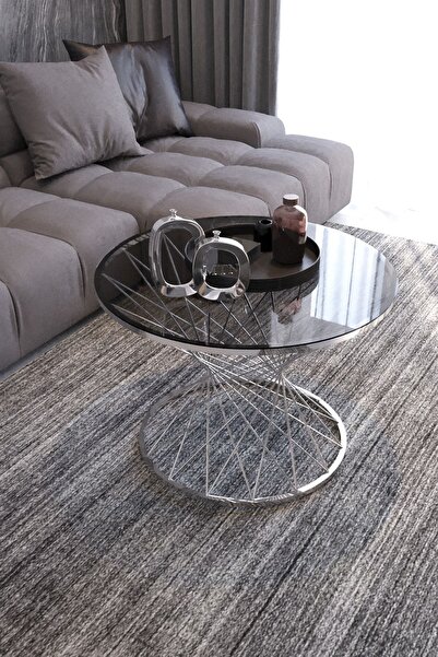 Nies Aksesuar Hasır Orta Sehpa Gümüş Ayak Füme Cam