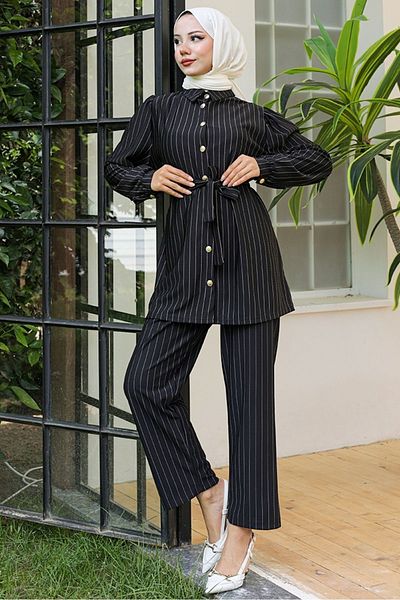 Bestenur Schwarzes Bera-Tunika- und Hosen-Doppelset – 933
