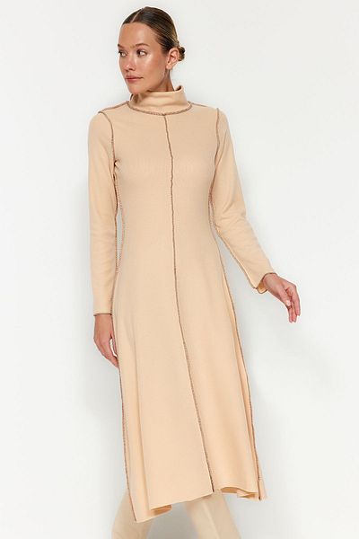 Trendyol Collection Camel Karioca Prošívané A-Line/A-Line Formální Selanik/Knitwear Vzhled Midi Pletené šaty TWOAW24EL00333