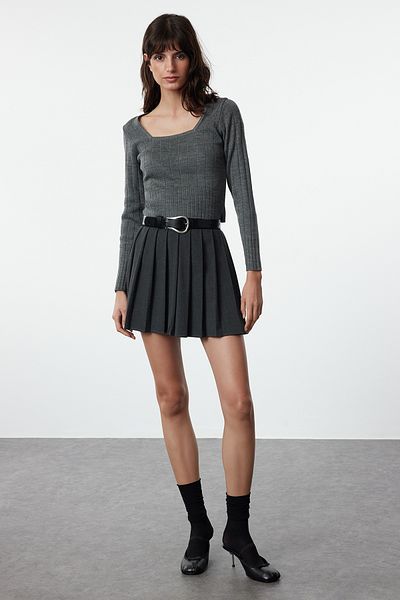 Trendyol Collection Anthracite Knitwear Sweater - Crop Square Collar, TWOAW24KZ01199