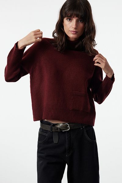 Trendyol Collection Weicher Strickpullover - Weinrot mit Taschendetail, TWOAW25KZ00107