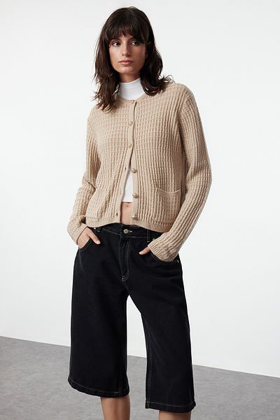 Trendyol Collection Stone Jacket Look Buttoned Pocket Detailed Knitwear Cardigan TWOAW25HI00000