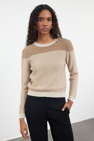 Trendyol Collection Nerzfarbener, transparenter Strickpullover mit Glitzer TWOAW24KZ01023