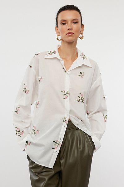Trendyol Collection Ecru Floral Embroidered Shirt - Woven, TWOAW25GO00014