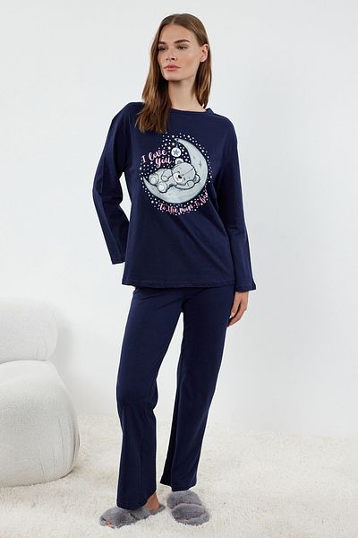 Trendyol Collection Námořnická modrá 100% bavlna, plyšový medvídek a potisk Galaxy Set Pletené pyžamo Thmaw25Pt00001
